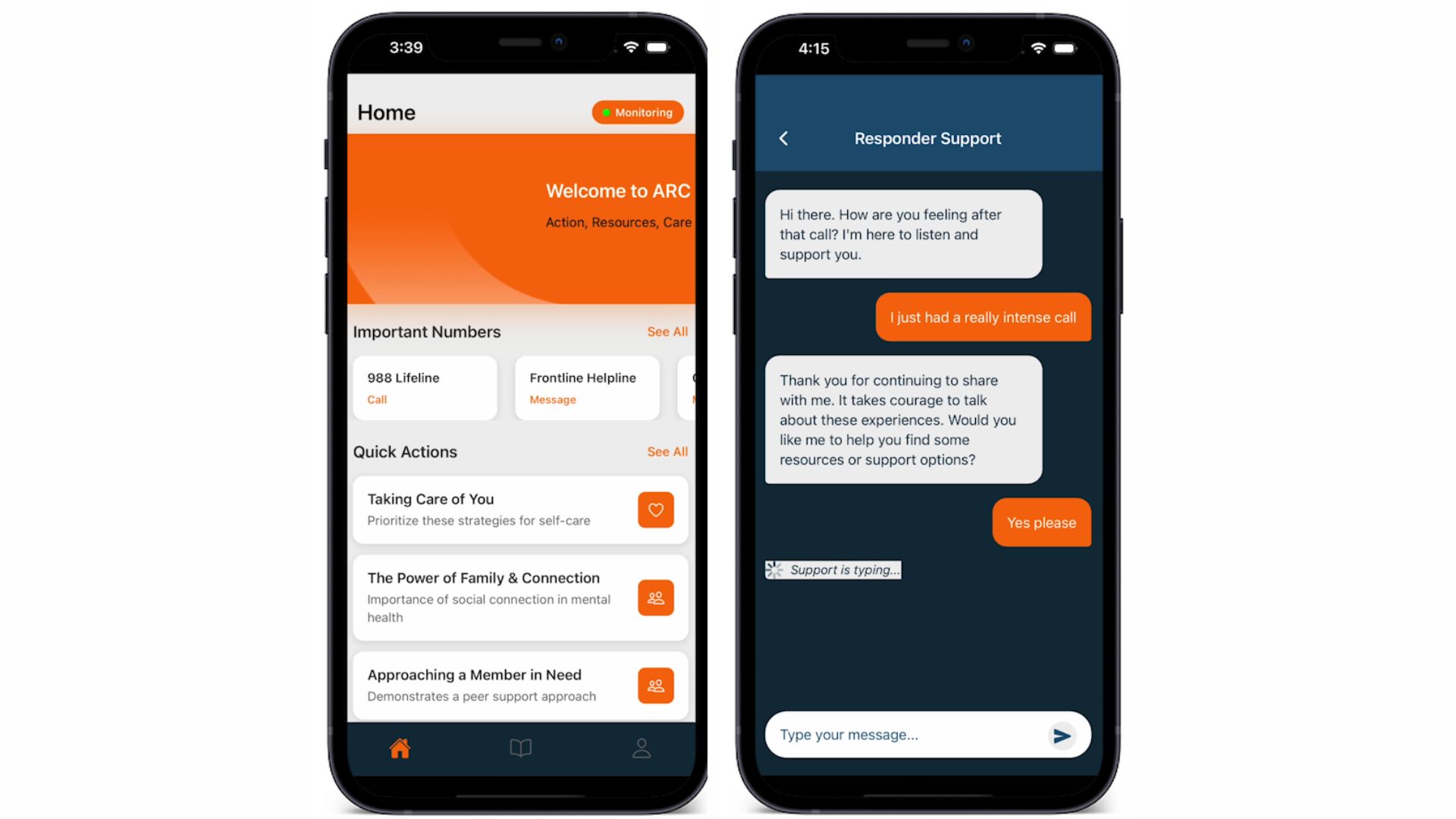 ARC app mockups for post-response check-ins
