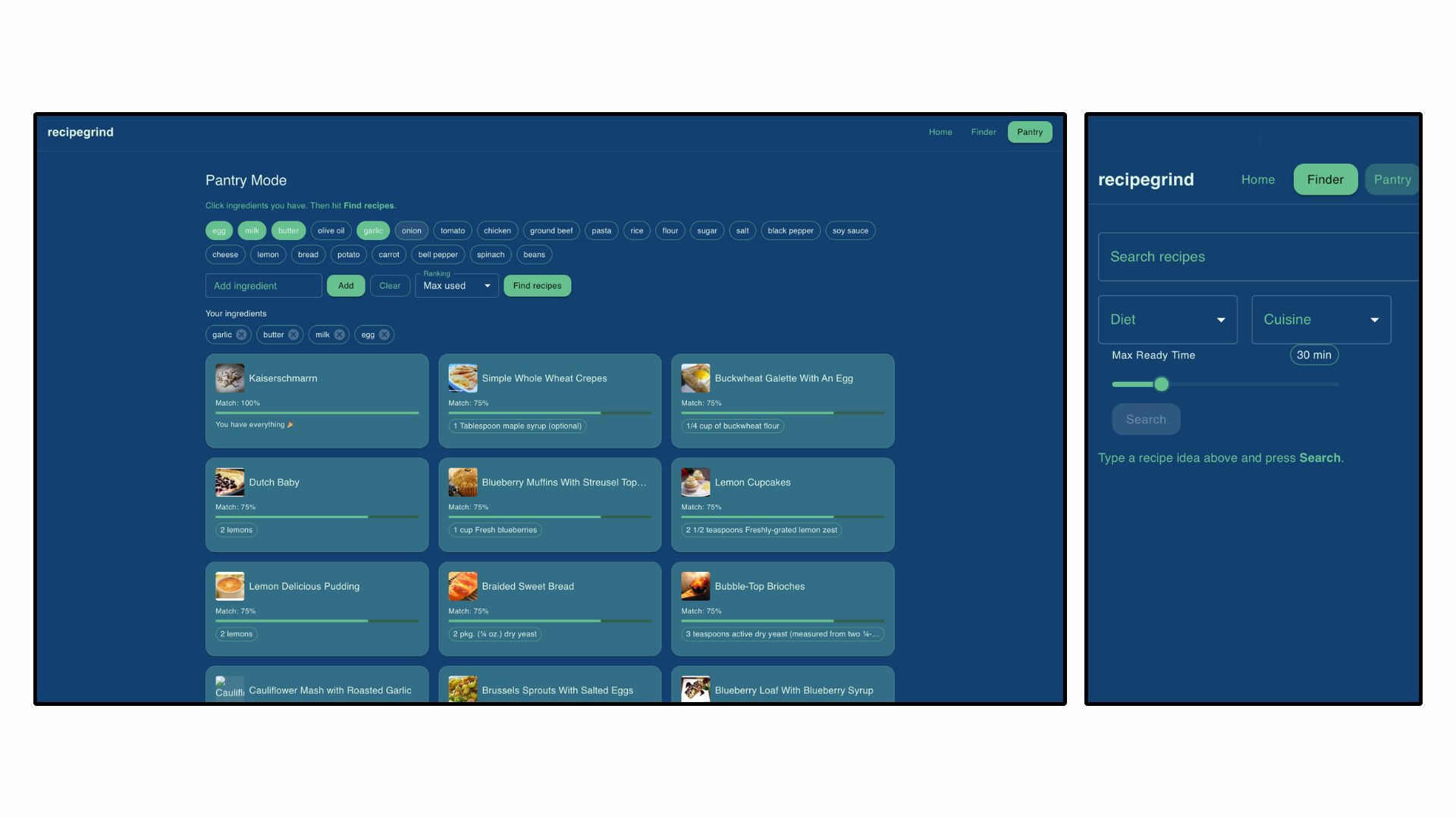 RecipeGrind Pantry Mode results