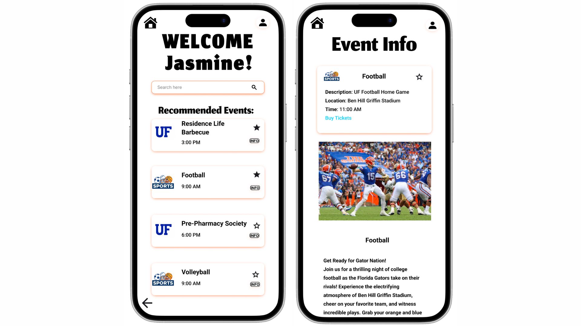 UF Events prototype screens